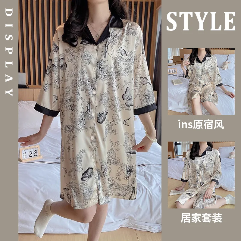 Summer Butterfly Print Nightgown Comfortable Loose Women Home Clothes Ink Wash Style Floral Printed Satin Silk Night Gown