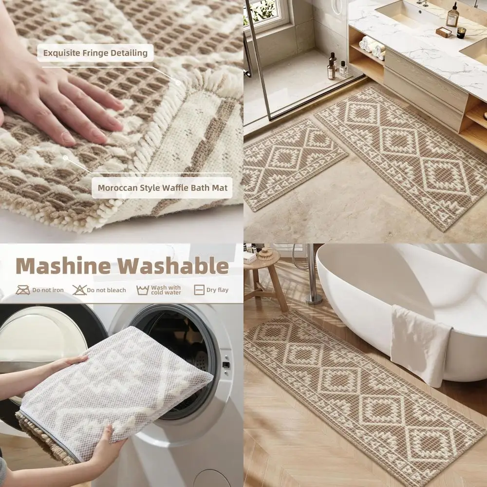 

24x72 Waffle Pattern Super Absorbent Bath Mat - Non-Slip Machine Washable Rug with Tassels for Bathroom, Laundry, and Bedroom in
