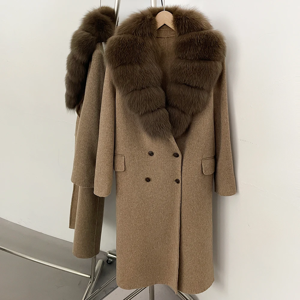 OFTBUY Wollmantel für Damen, Luxuriöse Doppelseitige Wolljacke, Winter-Oversize-Mantel mit Echtem Fuchsfell, Doppelreihig, Elegante Oberbekleidung – Detail 20