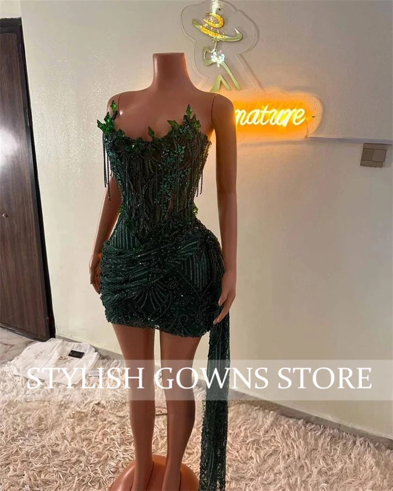 Dark Green Crystal Beading Homecoming Prom Dress Mermaid Mini Cocktail Gown Birthday Dress Luxury 2025 Blackgirl Customized