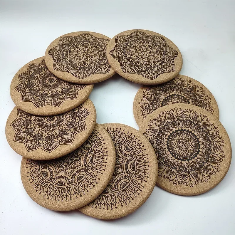 

8/12Pcs Mandala Design Round Shape Wooden Coasters With Rack Round Cork Coaster