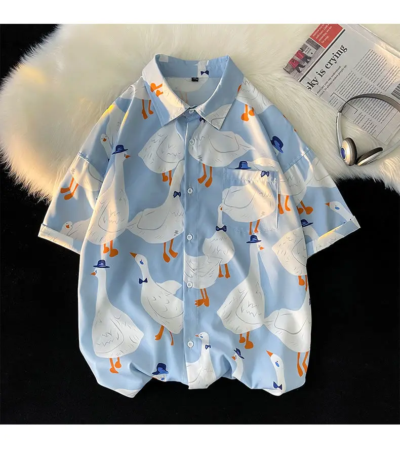 Goose Full Printed Short Sleeve Button Up Shirt Camisas Para Mujer Beach Style Vocation Women Shirt Couple Summer Korean Fashion