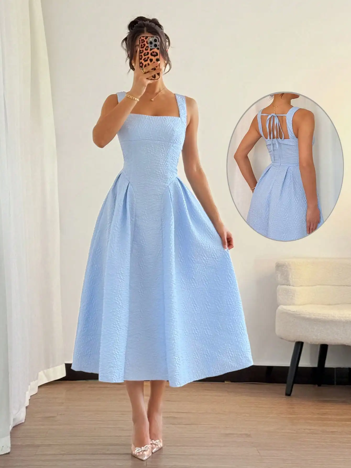 

Light Blue Textured Square Neck Cinched Waist A-Line Midi Dress