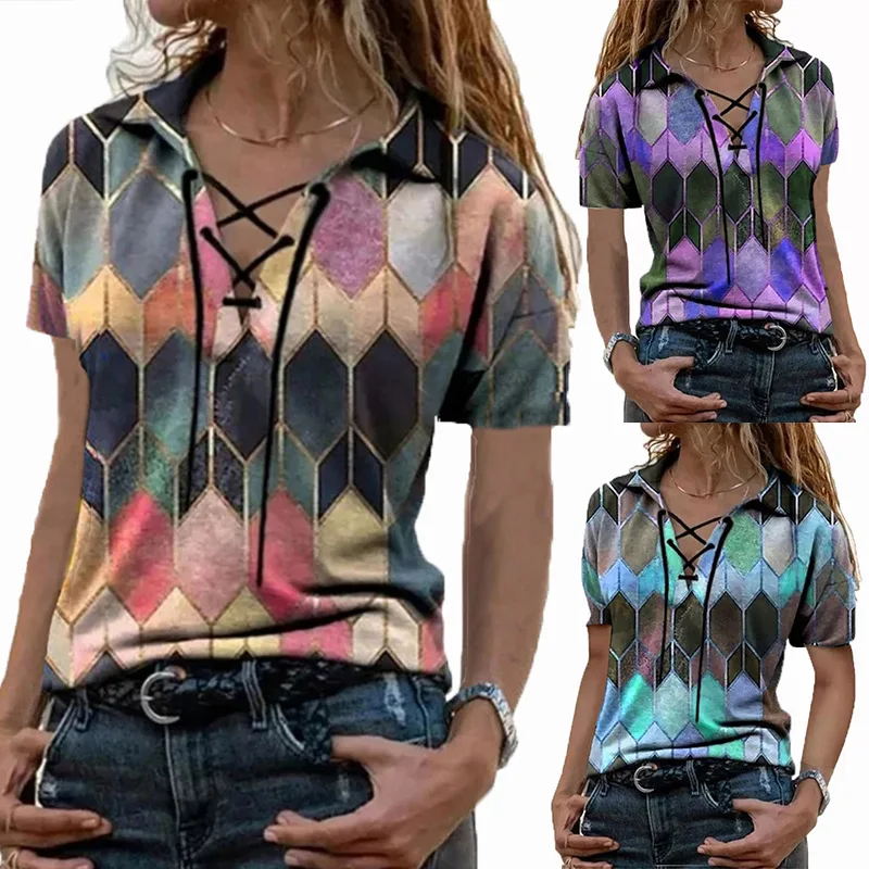 2024Summer GirlsT-shirt Women Fashion Retro Printed Sexy V-neck Loose Short Sleevel Sleeve Pullover Blouse Short SleeveTops