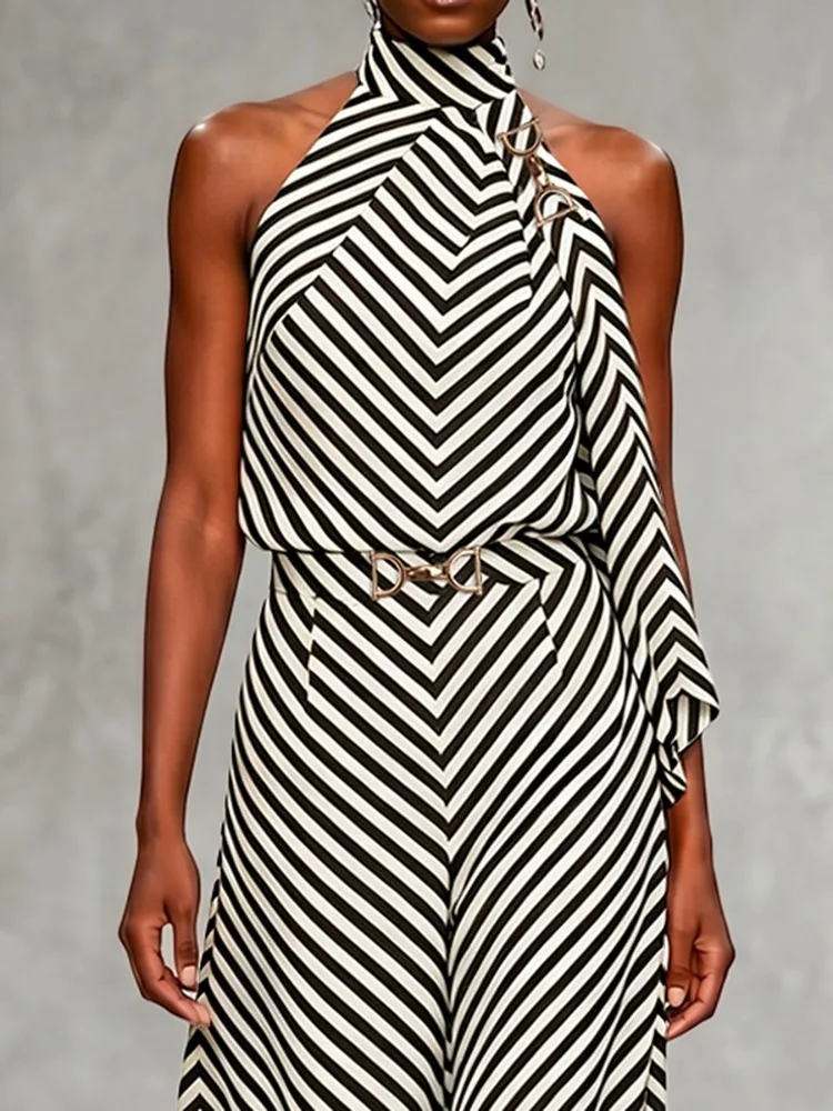 Yeezzi Women's Trendy Black White Striped Metal Ring Halter-Neck Tank Tops 2026 New Office Ladies Casual Commute Fashion Blouses