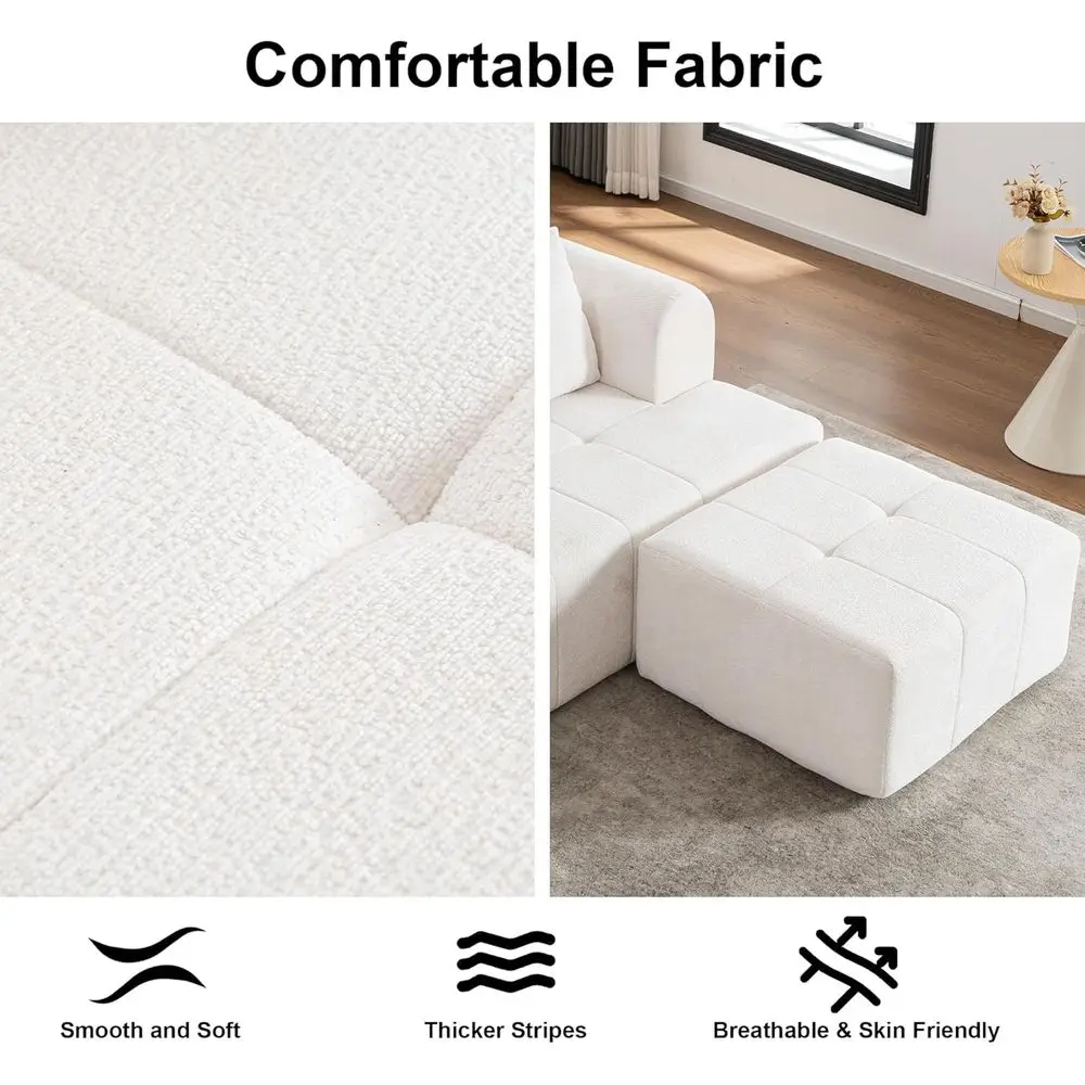 Divano componibile a L avorio 95 con posti a sedere profonde e pouf, tessuto ciniglia, mobili da soggiorno pronti da usare