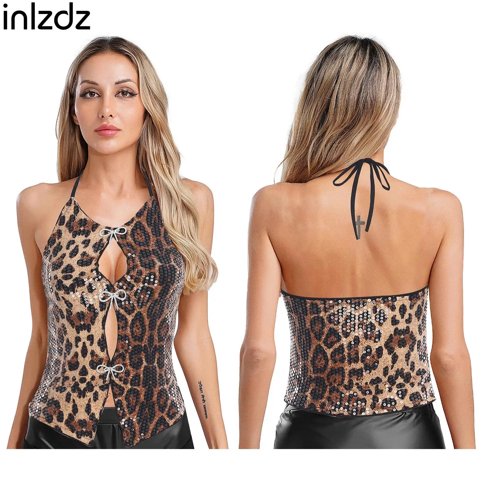 

Sexy Womens Shiny Sequin Leopard Vest Crop Top with Rhinestone Bow Pins Halter Sleeveless Backless Hollow Out Tank Tops Clubwear