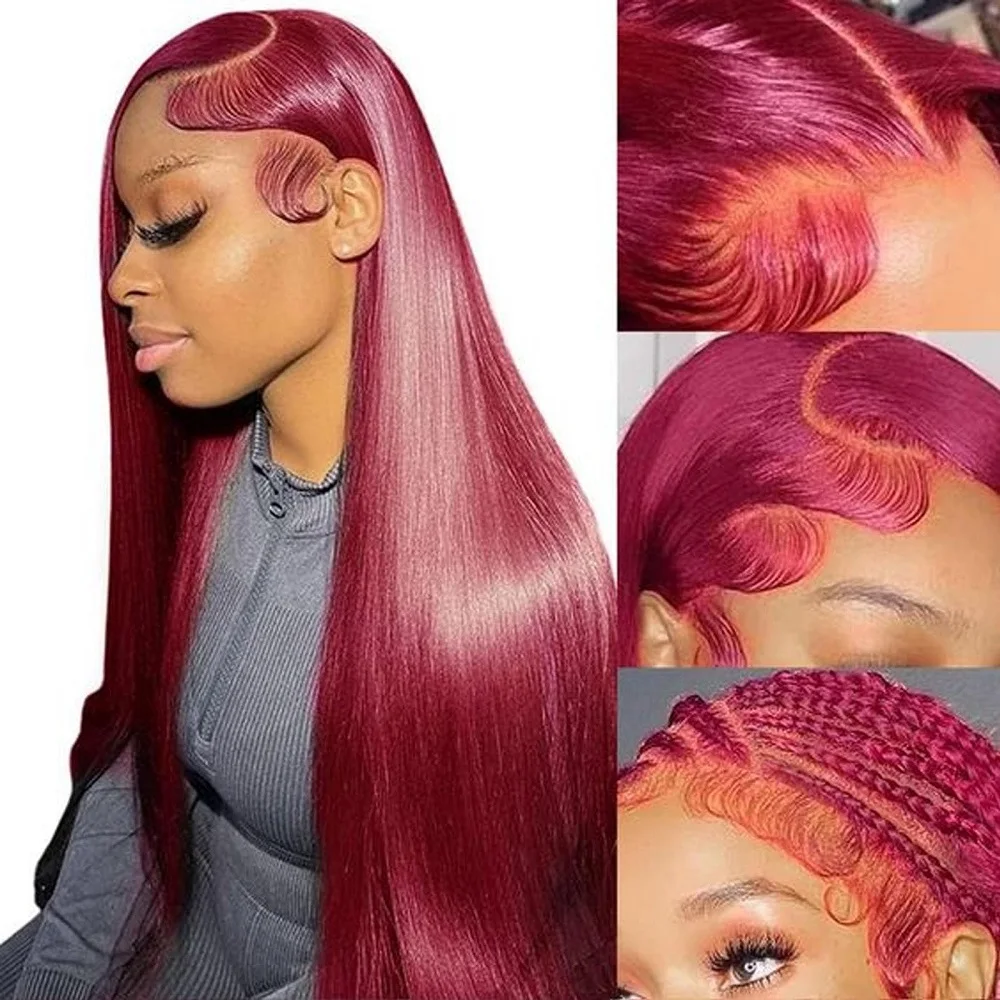 

44 Inch 13x4 HD Straight Lace Front Burgundy Human Hair Wig Preplucked Prebleached 200 Density 99J Colored 13x6 Lace Frontal Wig