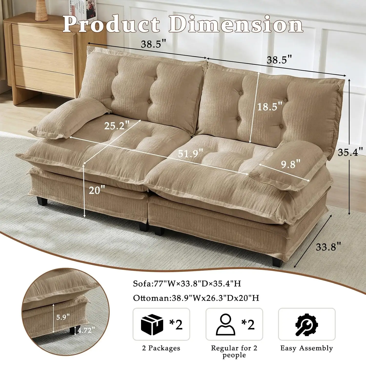 Modular Chenille Loveseat, 2/3/4 Seat L-Shaped Sofa with Ottoman & Removable Armrests, Living Room Bedroom Couch, Customized