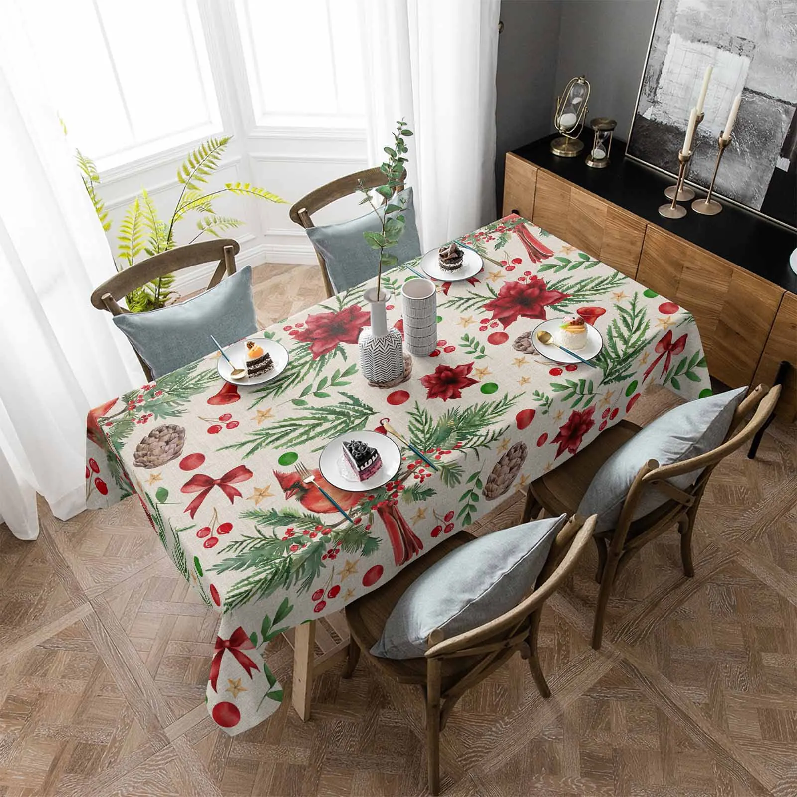 Christmas Flower Berries Star Plant Cardinals Bow Tablecloth Waterproof Dining Table Rectangular Round Table Cover Kitchen Decor