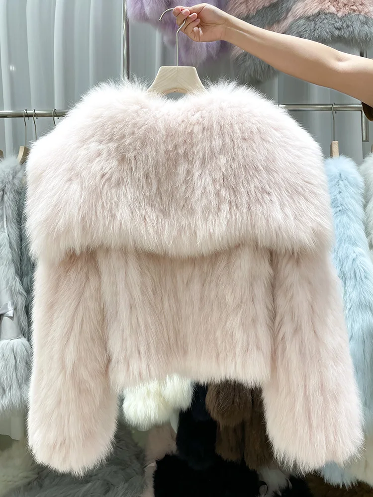 2022 Luxury Real Knitted Fox Fur Coat Winter Women Jacket Female Short Style High Waist Outwear Fashion Lady Autumn Clothing