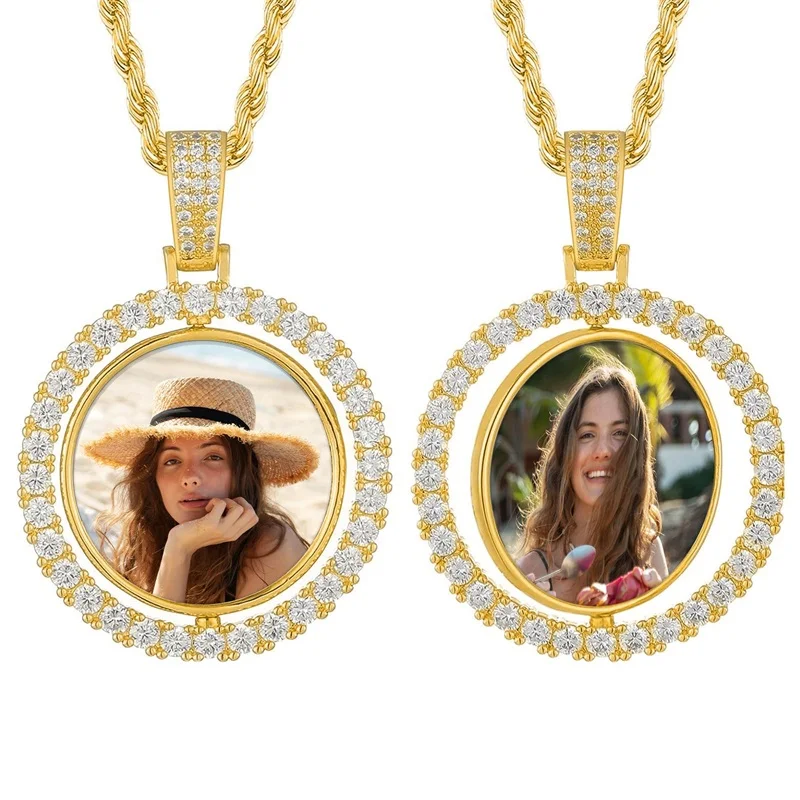 

Custom Double-Side Photo Necklace Customized Picture Pendant Chain Personalized Cubic Zirconia Hip Hop Jewelry Gift for Unisex