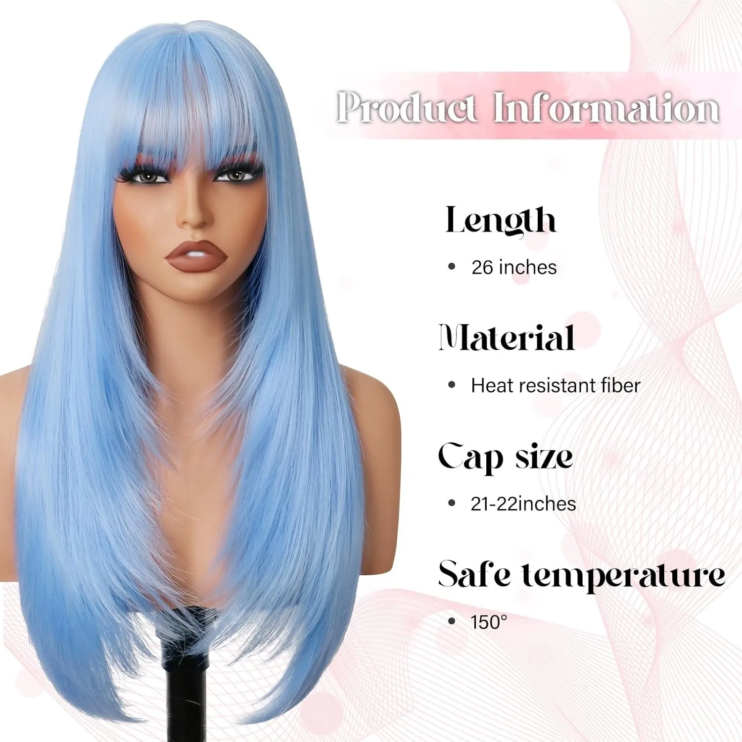 Light Blue Layered Lace Wig With Bangs Straight Wigs Synthetic For Women 13x4 HD Transparent Pre Cut Daily Glueless Cosplay