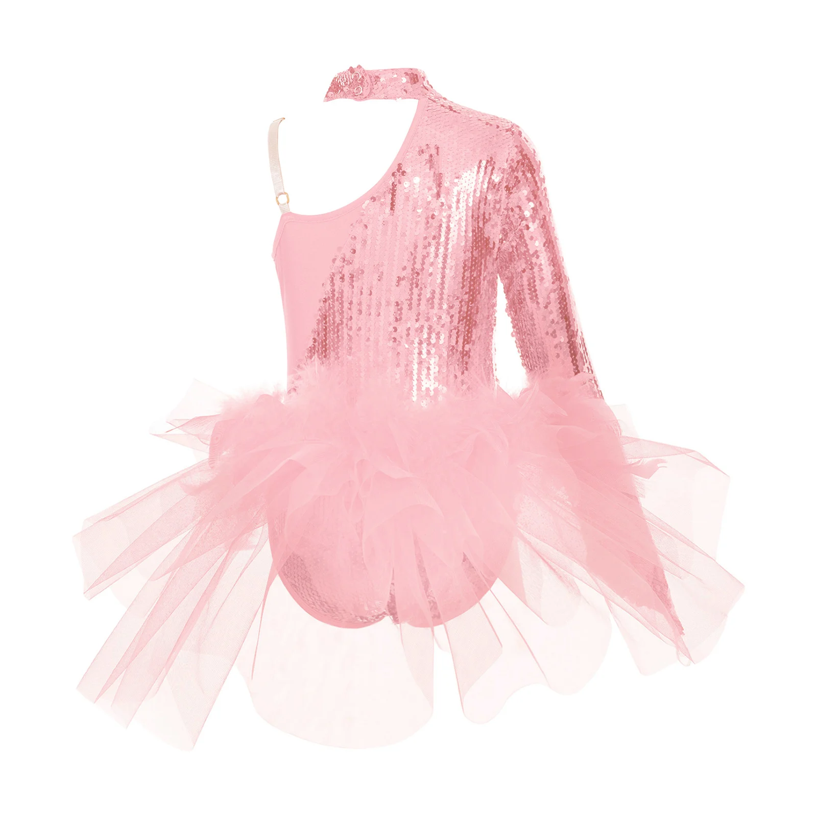 Kids Girls Sparkly Sequins Ballet Jersey Tulle Skirted Leotard Long Sleeve Bodysuit Gymnastics Skating Dance Performance Costume