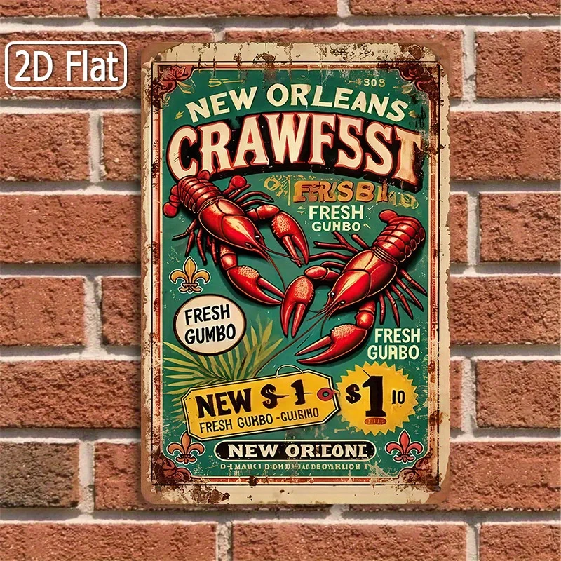 Louisiana Crawfish Festival Metal Tin Sign - Retro Cajun Cuisine Decor with Crawfish, New Orleans Party Poster for Kitchen, Bar