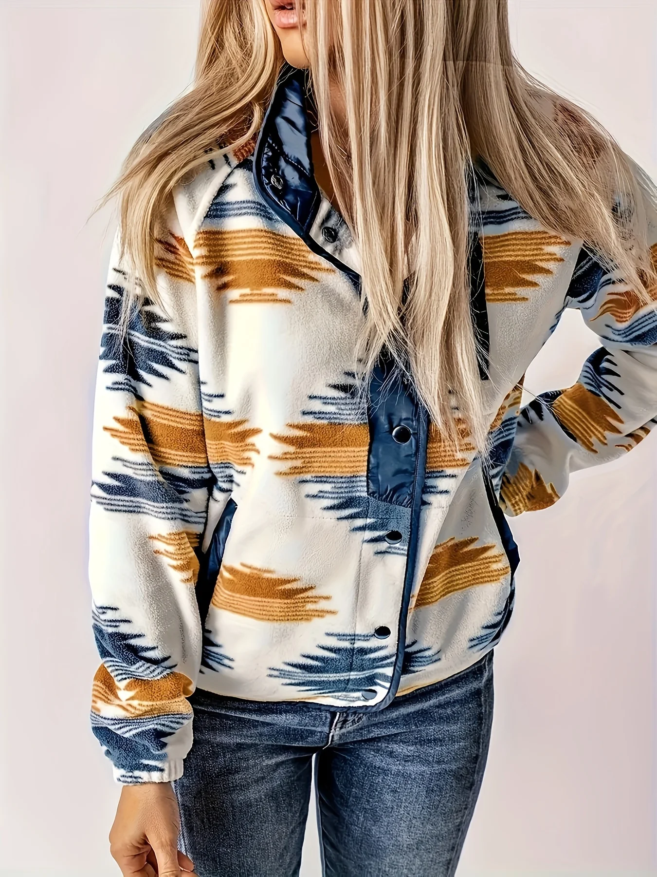 Women's Print Fleece Jacket,western Tribal Pattern Snap Button Pullover with Contrast Green Trim,cozy Fuzzy Fleece Outerwear