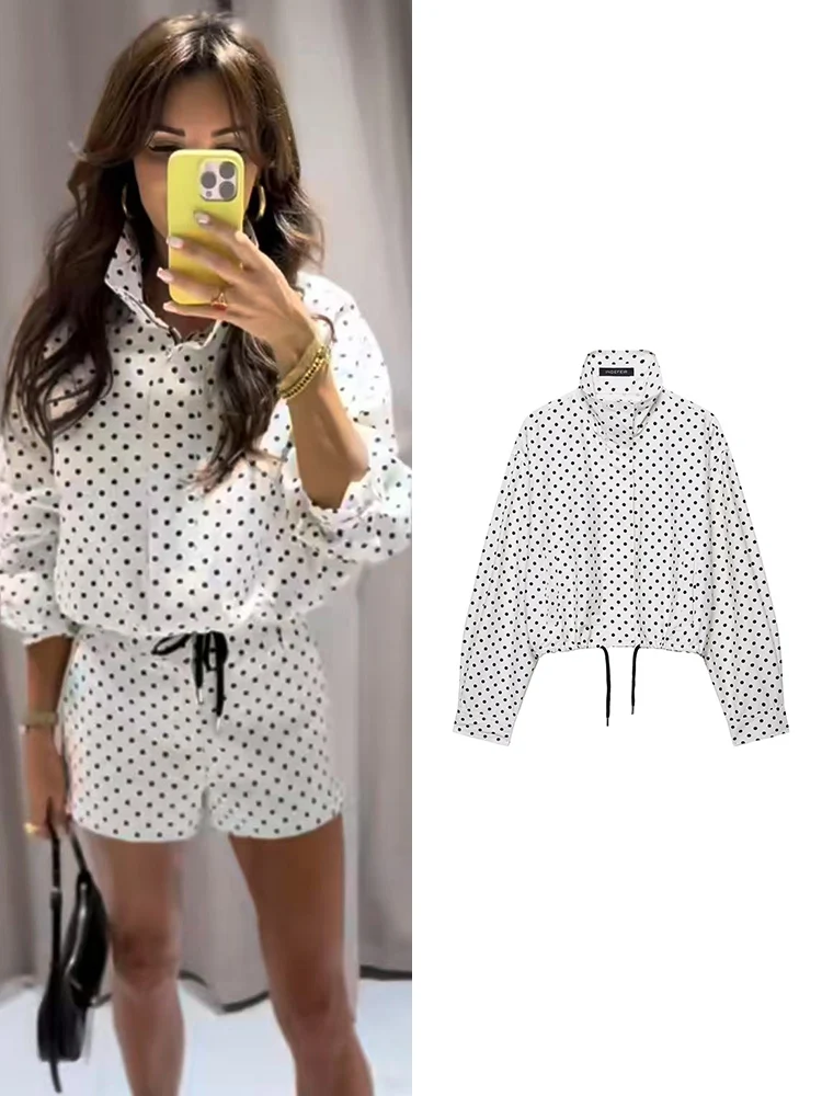 

TFMLN Fashion Women Commute Short Coat Leisure Long Sleeve Polka Dot Contrast Jacket Coat Female Stand Collar Zipper Outfit