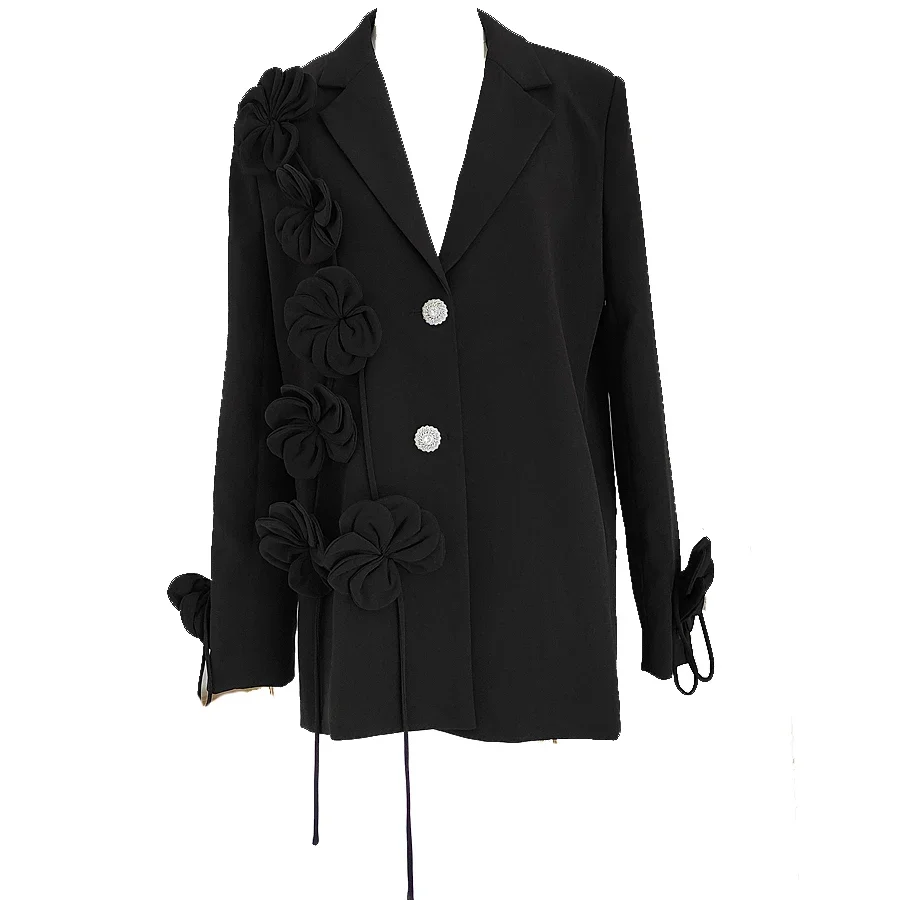 2024 Autumn New French Top Unique Design Temperament Fashionable Black Blazer Three-dimensional Flower Streamer Slim Suit Jacket