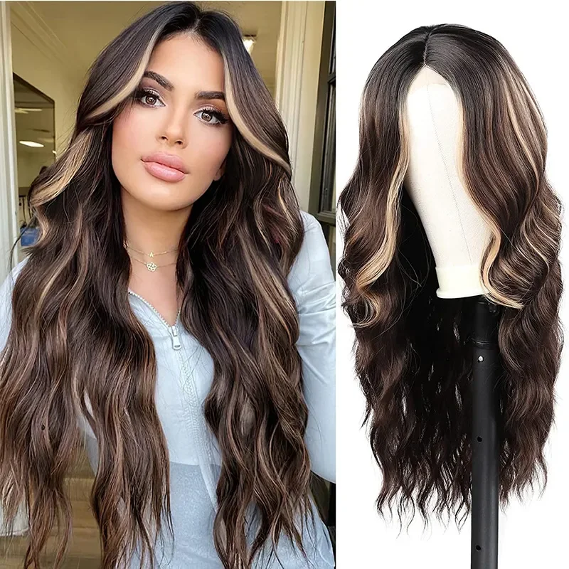 

4 Color New Fashion Women's Long Brown MIX Blonde Middle Part Ombre Hairs Wave small Lace Synthetic Hair Wig