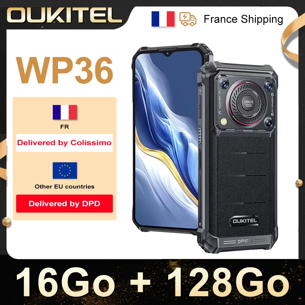 OUKITEL WP36 Phone Unbreak Portable 2024-16Go + 128Go/1TO, 10600mAh Android 13 mobile phone with 128dB speaker,