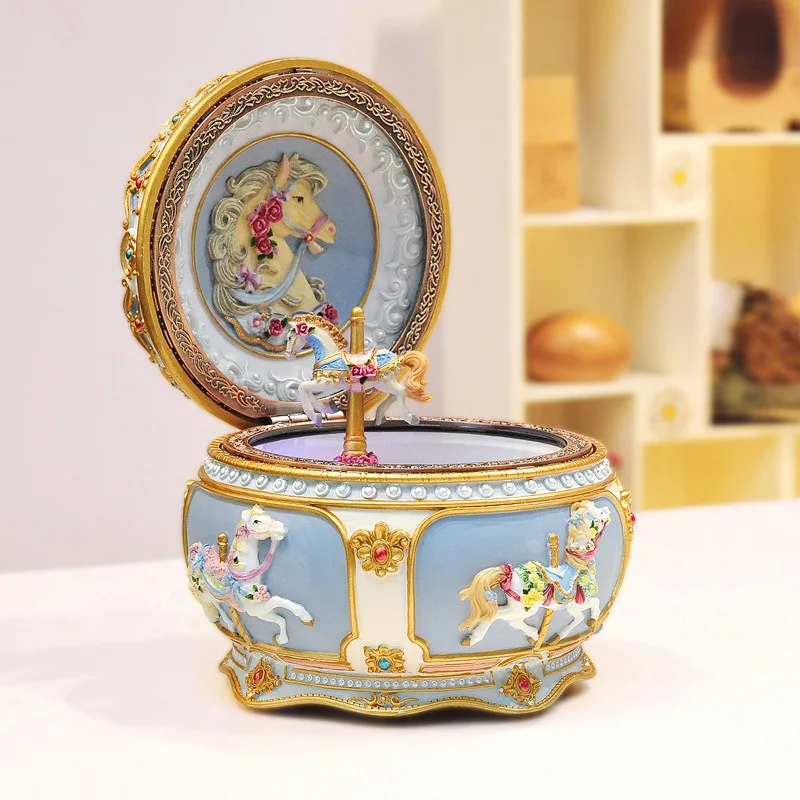 Glistening Carousel Resin Music Box Rotating Birthday Gift for Women Girls KidsCastle Musical Jewelry Box with LED Lights