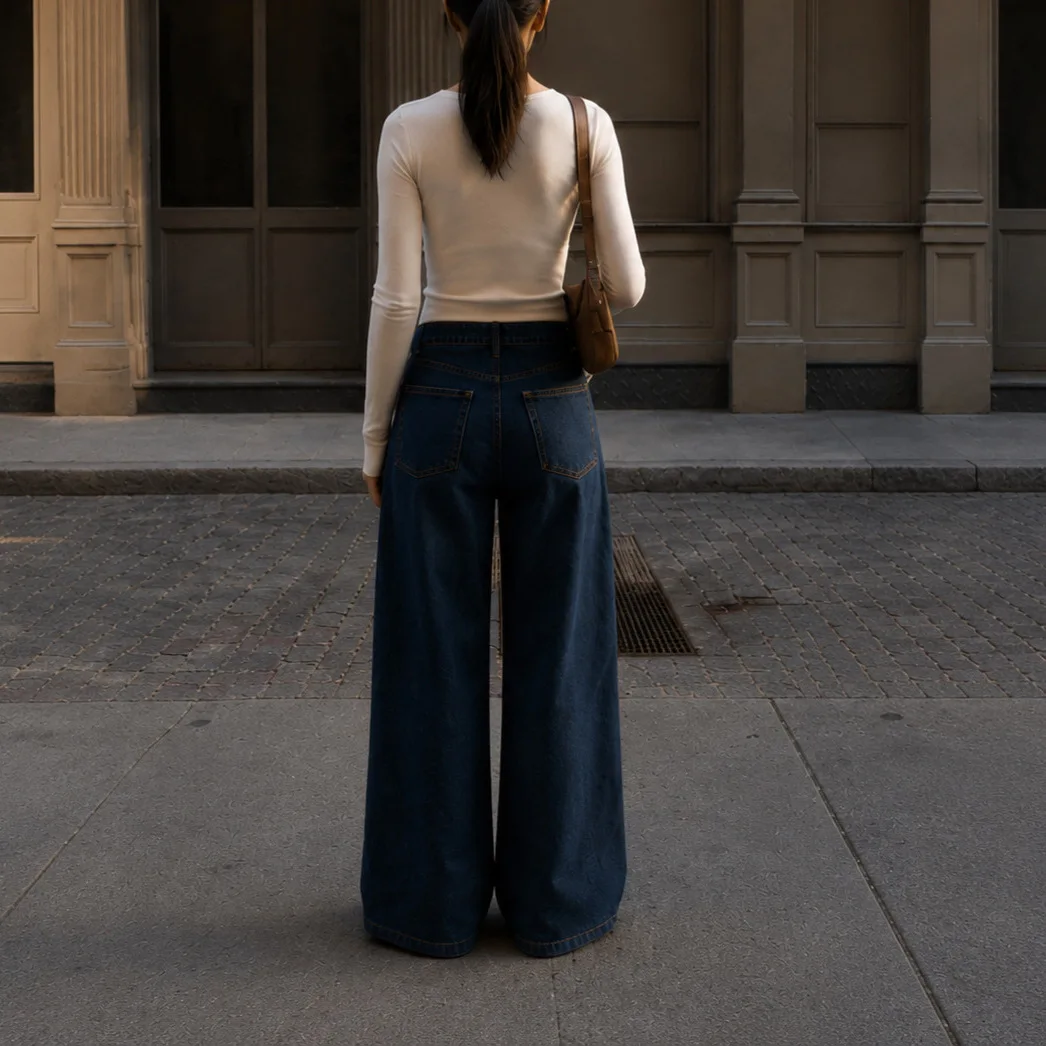 Cross-Border Wholesale American Retro High- Blue Side-Studded Dark Pattern Wide-Leg Floor-Length Jeans