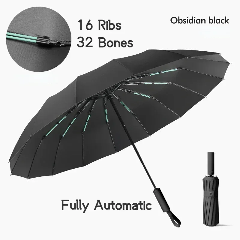 16K 16 Ribs Strong Windproof Automatic Sun Rain Folding Umbrella with 32 Bones Vinyl Cover UV Protect Black Sunscreen Women Men