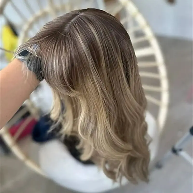 Party Daily Cosplay Ombre Blonde Brown Highlights Synthetic HD Lace Front Wig with Bangs Invisible HD Cheap Sale Easy to Wear