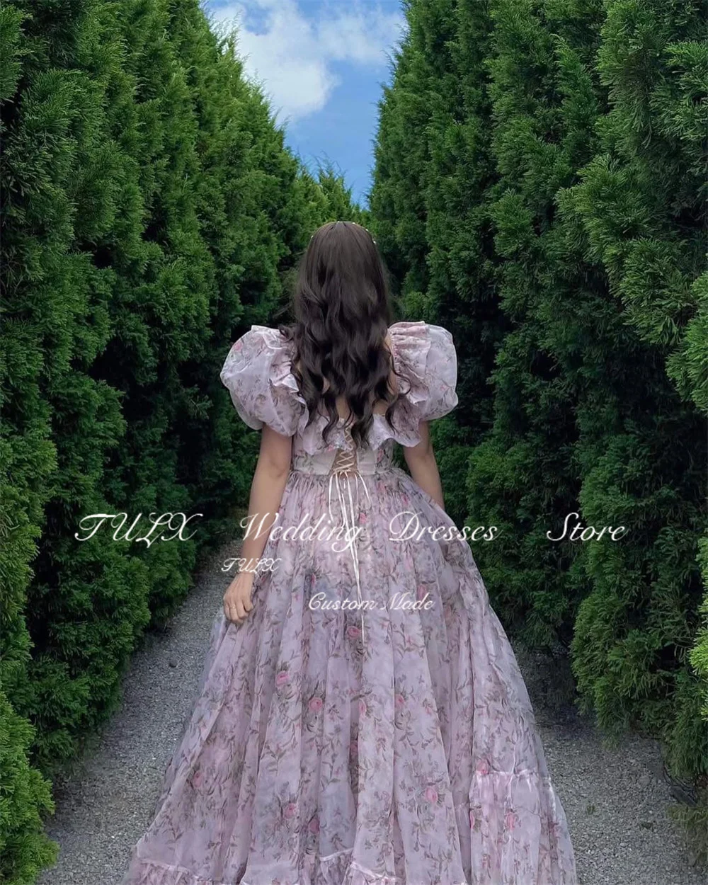 TULX – robe de soirée à imprimé floral violet, manches bouffantes, ligne A, longue à volants, robes d'occasion formelles personnalisées