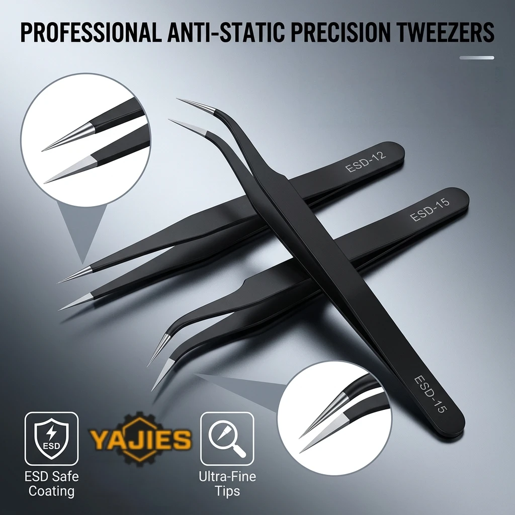 ESD-12 ESD-15 Anti-Static Precision Tweezers Stainless Steel Fine Tip Curved Straight Forceps Electronics Repair PCB DIY