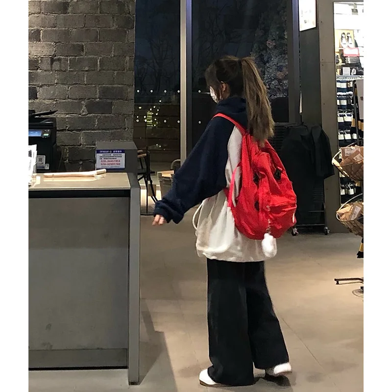 레트로 아메리칸 컬러 블로 후디 여성용 봄 가을 오버사이즈 커플 트렌디 숄더 스웨트 인서트 디자인