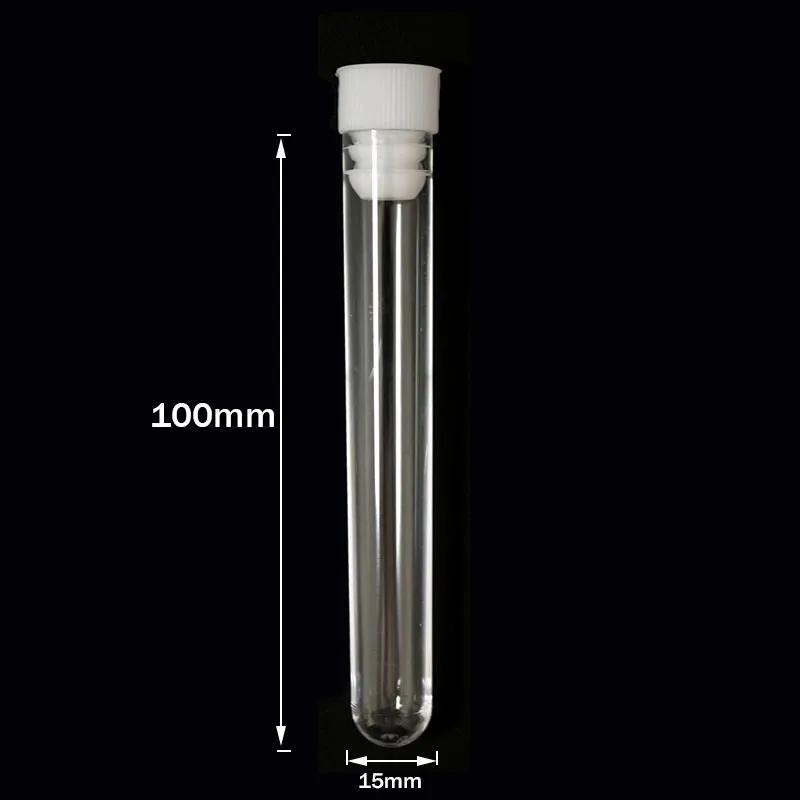 Tubo de ensayo duro de plástico transparente con tapa, herramienta de laboratorio escolar, botella redonda, 15x100mm, 10 unidades por juego