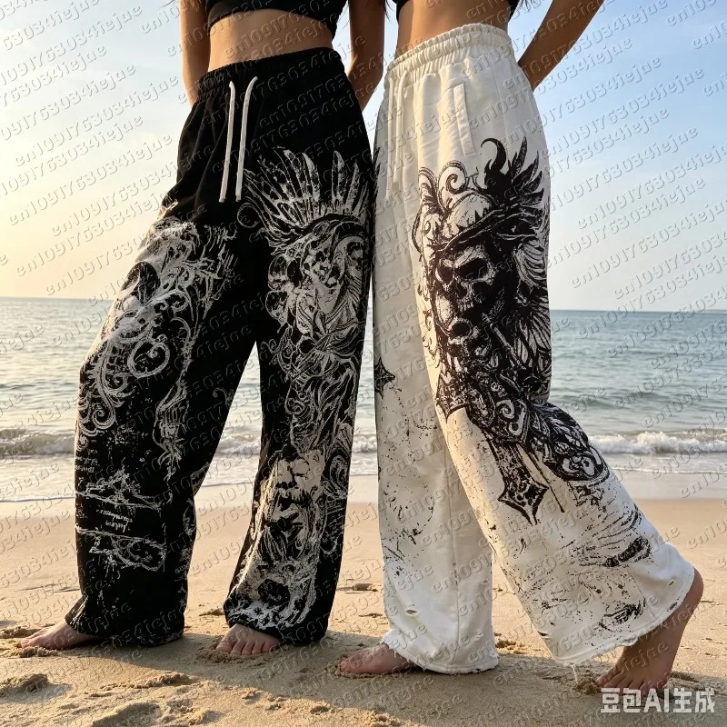 Unisex Y2K Retro Casual Pants Gothic Skull Direct Spray Print Floor Joggers Streetwear Fashion for Adults and Kids