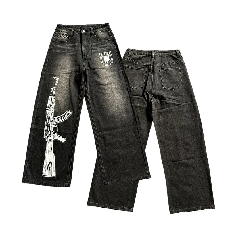 Street trend ins style printed pattern straight jeans washed to make old retro personalized high street unisex trousers.