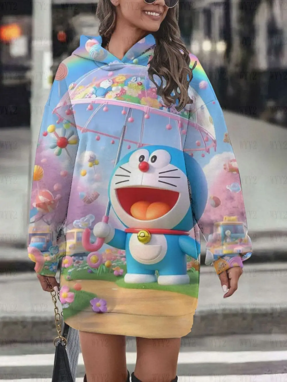 Fashion Street Casual Women's Hoodie Dress Cartoon Doraemon Print Girls Sweet Age-Reducing Hot Style Autumn and Winter Clothing