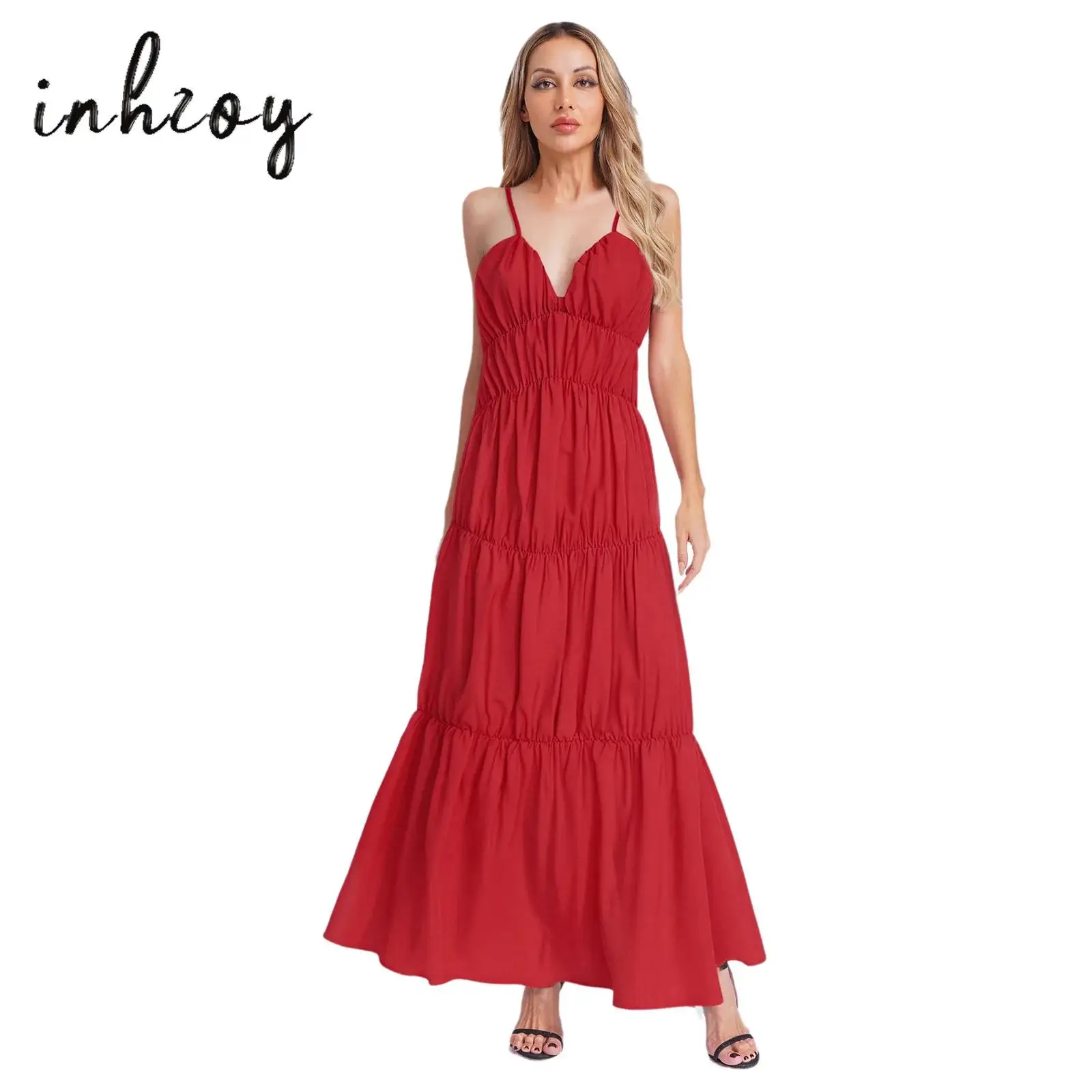 Womens Dresses Tiered Ruched Sling Maxi Dress Bohemian V Neck Backless Loose Long Dress Purity Cami Dress for Beach Vacation
