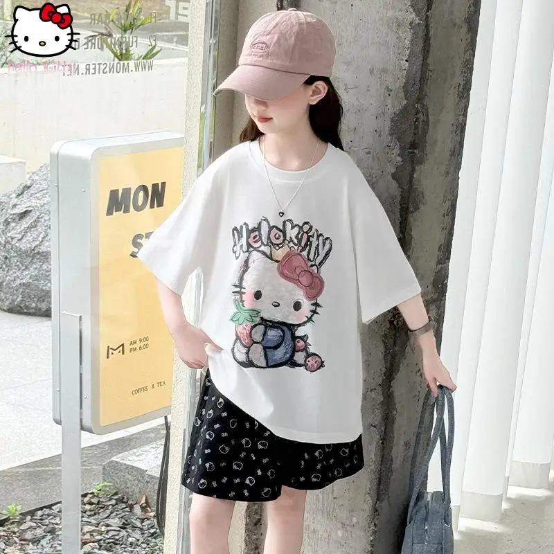 

Kawaii Casual Girl Loose Short Sleeved Shorts Set Summer New Item for Youth Korean Cartoon Print Comfort Sweet T-Shirt