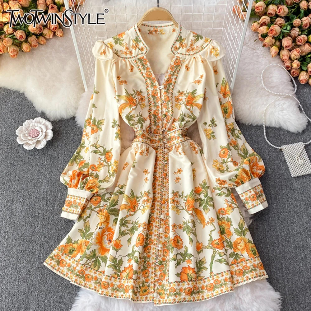 

TWOTWINSTYLE Colorblock Floral Printing A Line Dress For Women V Neck Lantern Sleeve High Waist Vintage Dresses Female KDR520151