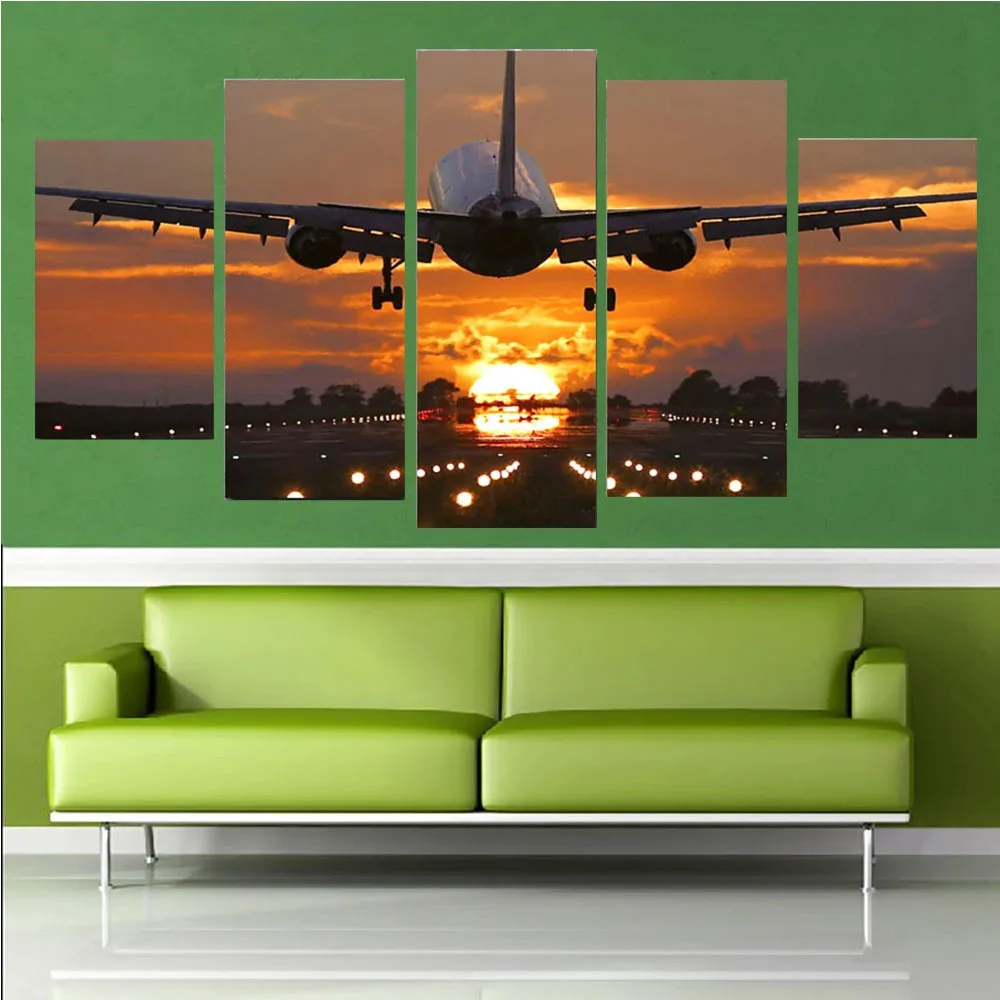 Landscape The Plane is Taking Off 5 Panel Mosaic Full Diamond Embroidery Decor Nordic Decoration Home Bedroom Modular Picture