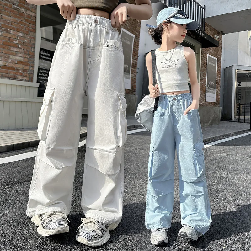 

Teen Girls Utility Pants Kids Y2k Style Fashion Pants With Side Pockets Teenage Child Pants Toddler Wide-Leg Trousers Ages 4-14Y