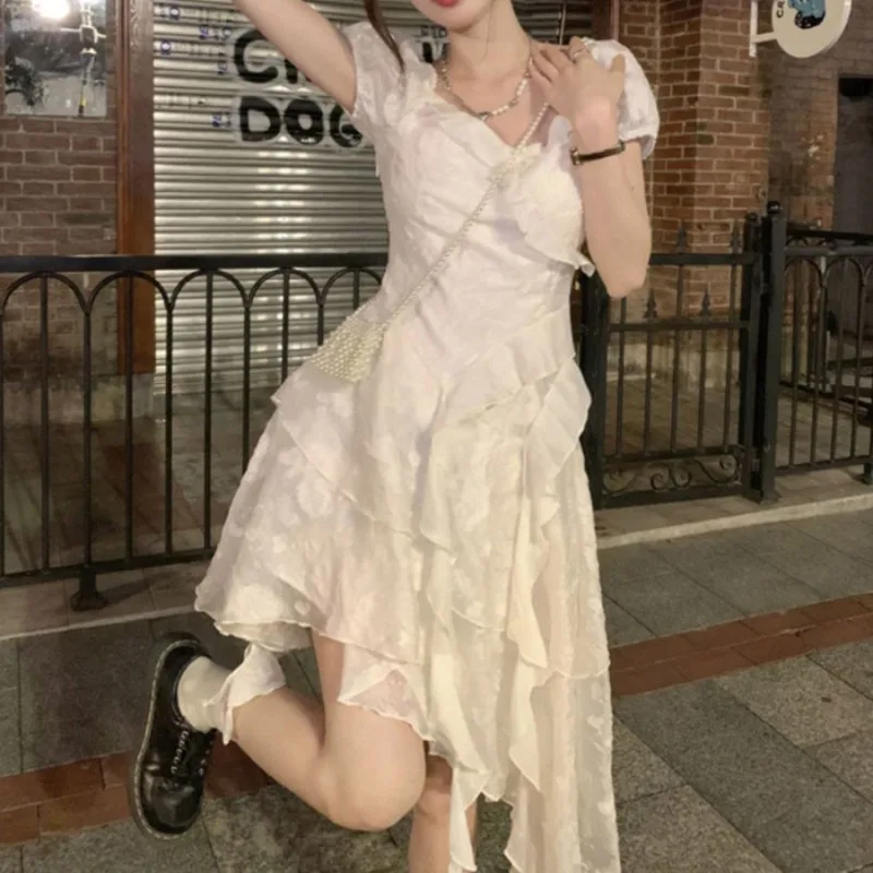 

Women's Summer Square Neck Dress - Irregular Ruffle Hem High Waist Slimming Short Dress, Elegant Unique Princess Dress for First