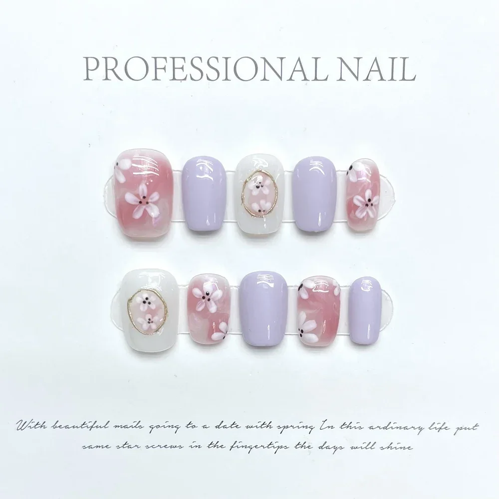 Handmade Short Press on Nails Korean Purple Fairy Kawaii Flower Design Reusable Adhesive False Nails Cute Full Cover Nail Tips