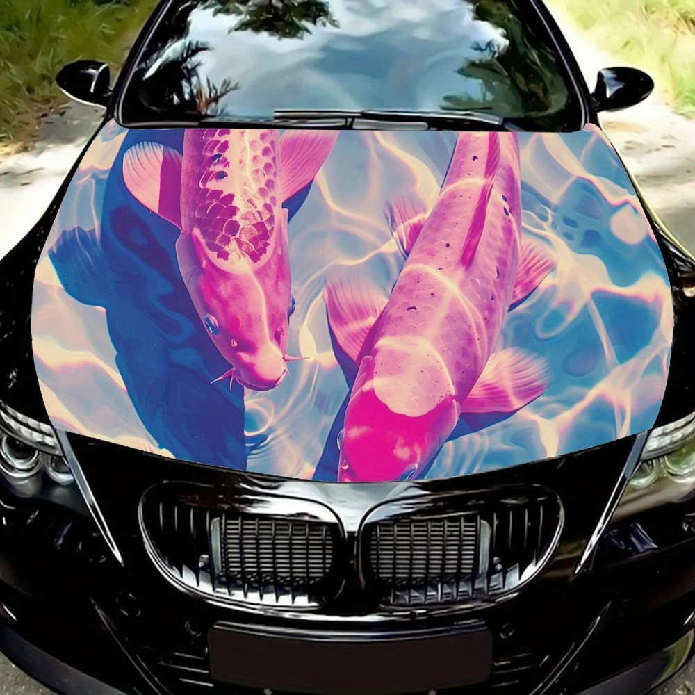 

Unique Colorful Carp and Sparkling River Car Hood Vinyl Wraps Decal, Self-adhesive Waterproof Auto Exterior Protective Sticker,