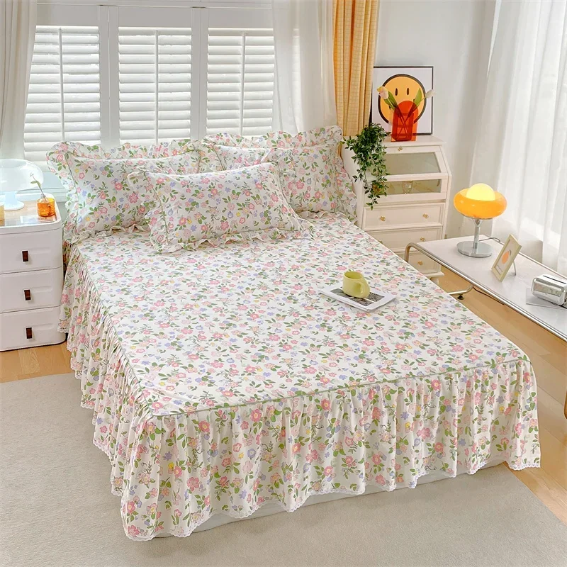 1pc 100%Cotton Bed Skirt Queen/King Size Floral Printed  Sheet with Ruffles falda de cama Full Size  Skirt for Single