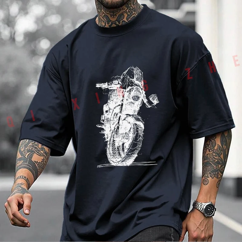 Creative Motorcycle Sketch T-Shirt Moto Cotton Cute Men Clothes Plain Summer Casual Short Sleeve Round Neck T Shirts