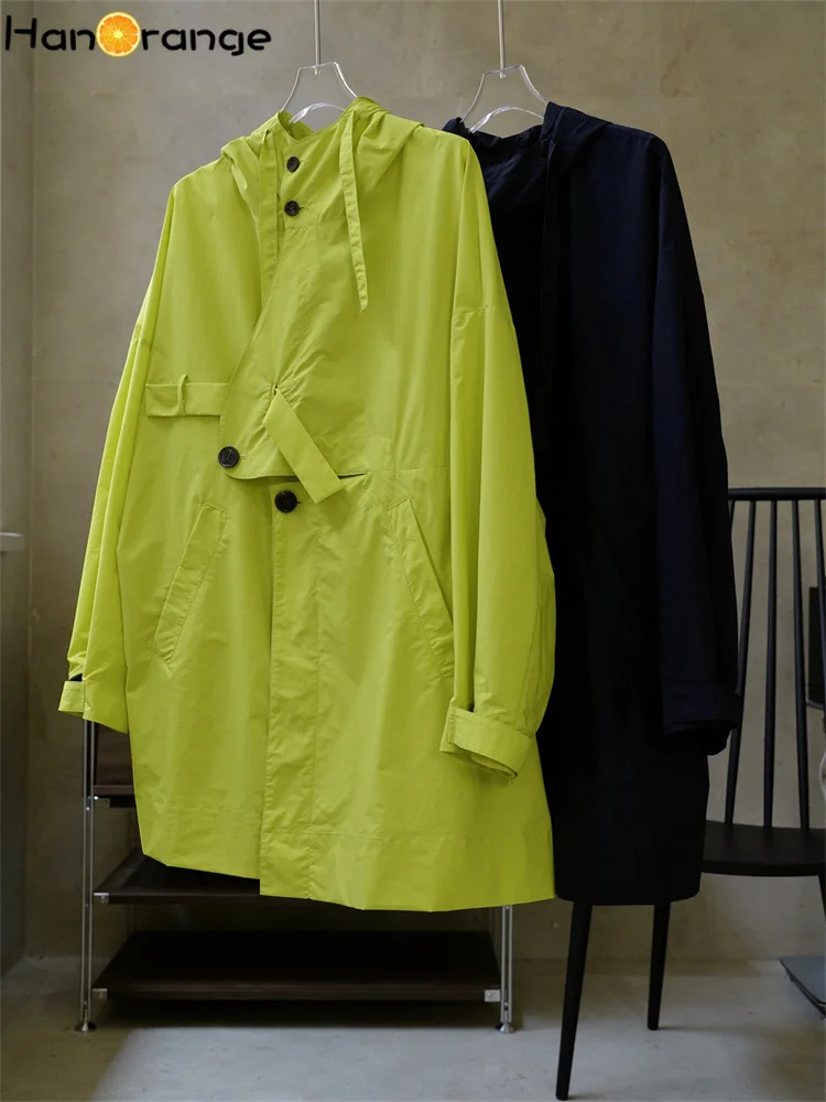 HanOrange 2024 Spring Outdoor Hooded Windbreaker Women Loose Casual A-line Cargo Trench Coat Female Yellowish Green/Navy Blue