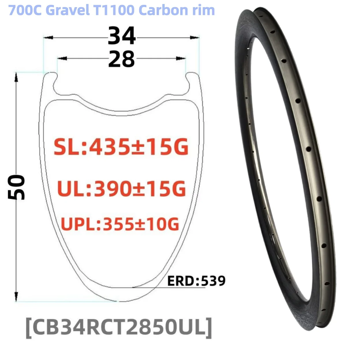 Obręcze karbonowe 700C T1000 Wide 34mm (wewnętrzna szerokość 28mm) 330G Carbonbeam Gravel Tubeless do kół szosowych/gravelowych, wysokość obręczy 45mm 50mm, koła karbonowe 700c do szosowych/gravelowych rowerów.