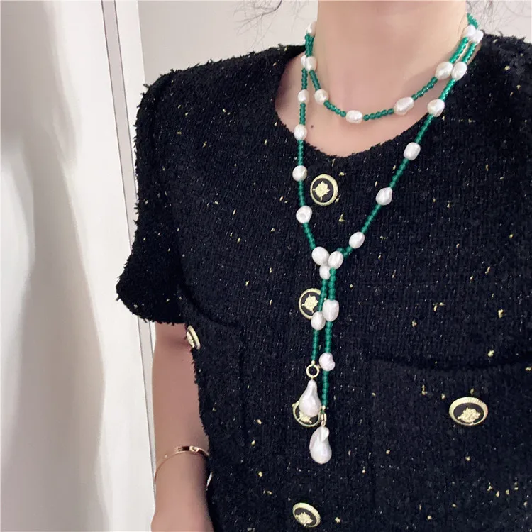 

Natural Baroque Pearl With Green Agate Long Sweater Necklace