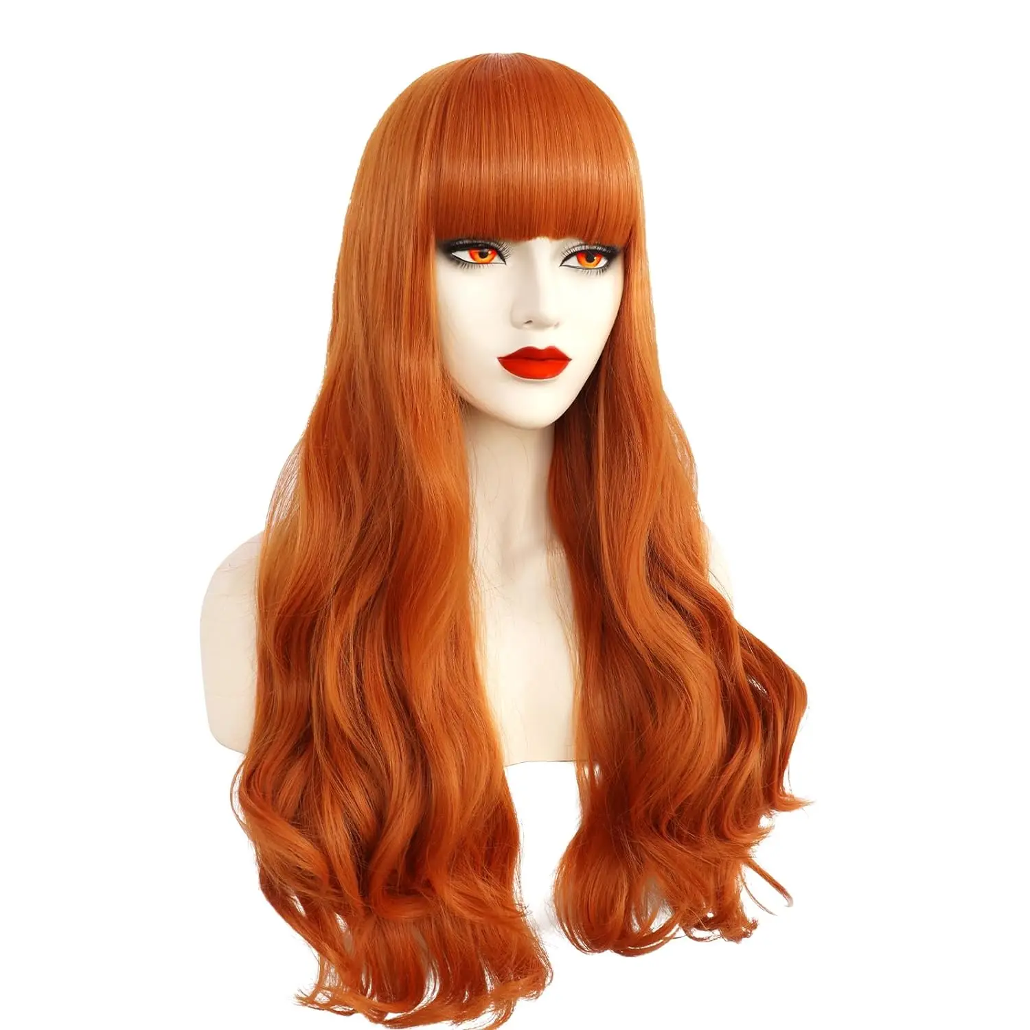 Orange Red Wig with Bangs Nami Wig Long Wavy Orange Wig for Women Girls Heat Resistant Synthetic Cosplay Party Costume Wig