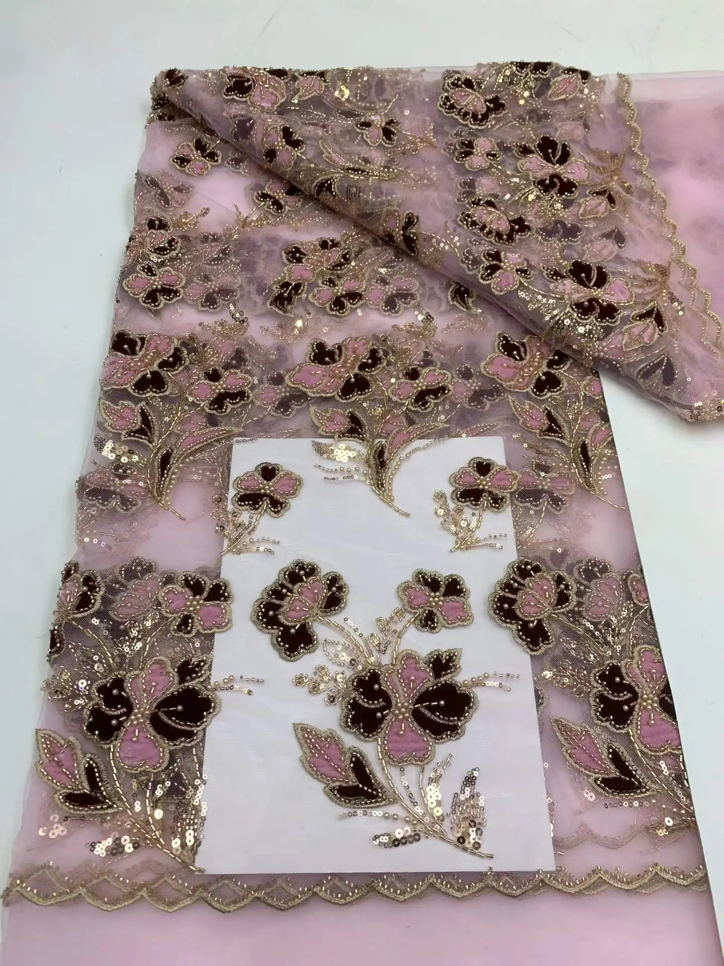 African Lace Fabric 2026 High Quality French 3D Flower Pink Sequins Embroidery Beads Tulle 5 Yards for Party Dress